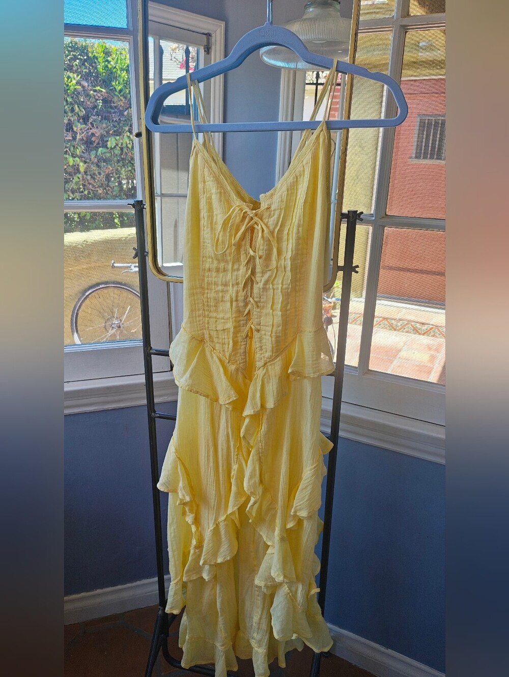 Free People Yellow  corset Maxi Top Duster Ruffle-Front Spaghetti-Strap, Small